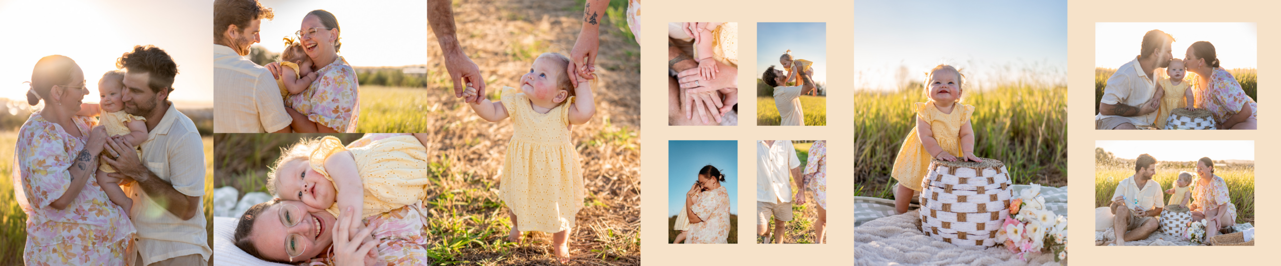 A carousel compilation of a family of 3 in a field during golden hour