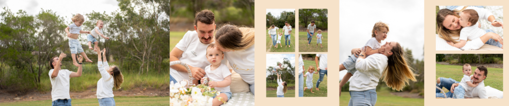 A carousel montage of a family of four and their family photo session.