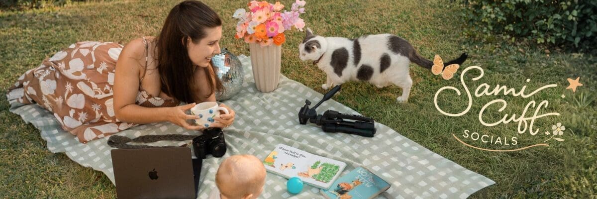 branding image for Sami Cuff socials showing sami on a picnic rug with her son surrounded by camera gear and toys